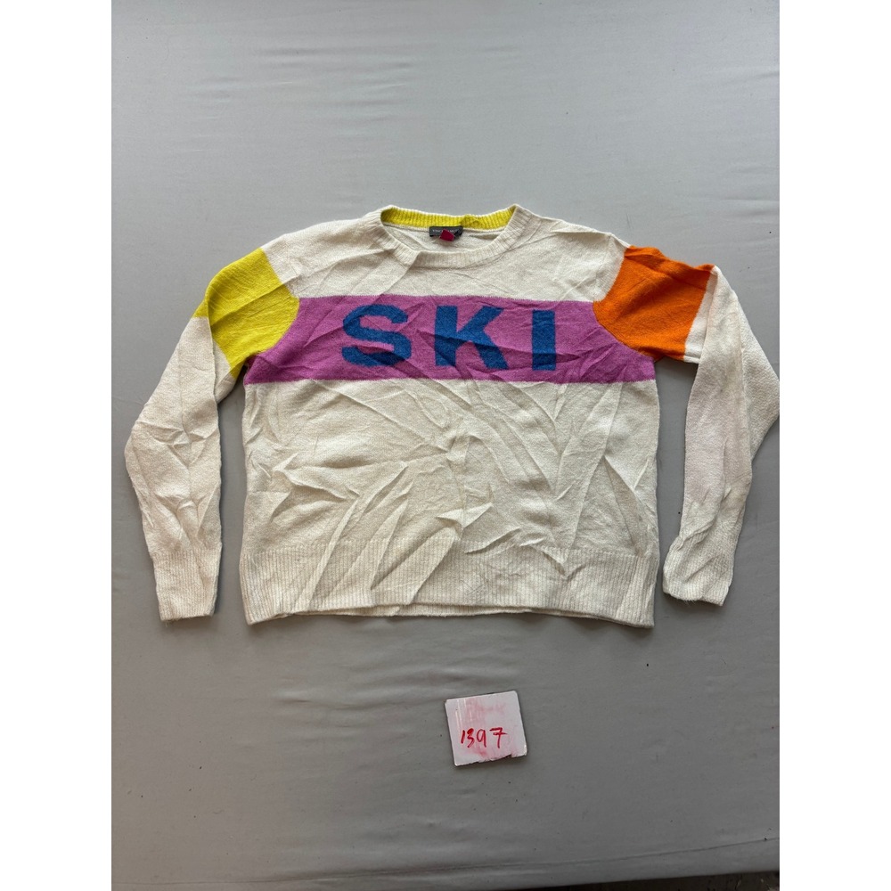 Vince Camuto Womens SKI Graphic Sweater Cream Colorblock Crewneck Small